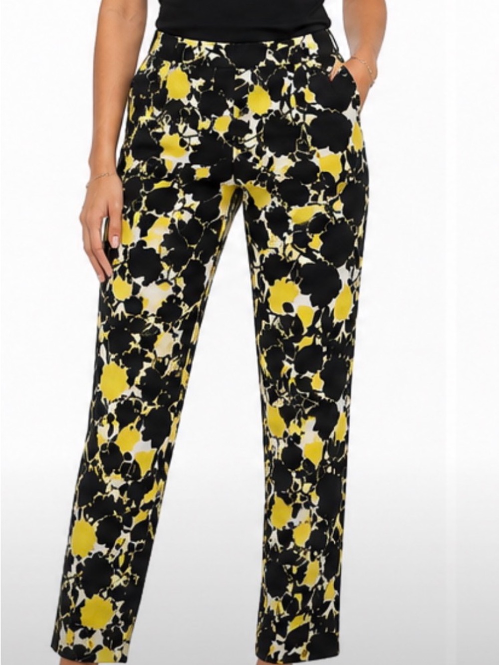 Soft Surroundings Black & Yellow Floral Straight-Leg Ankle Pants